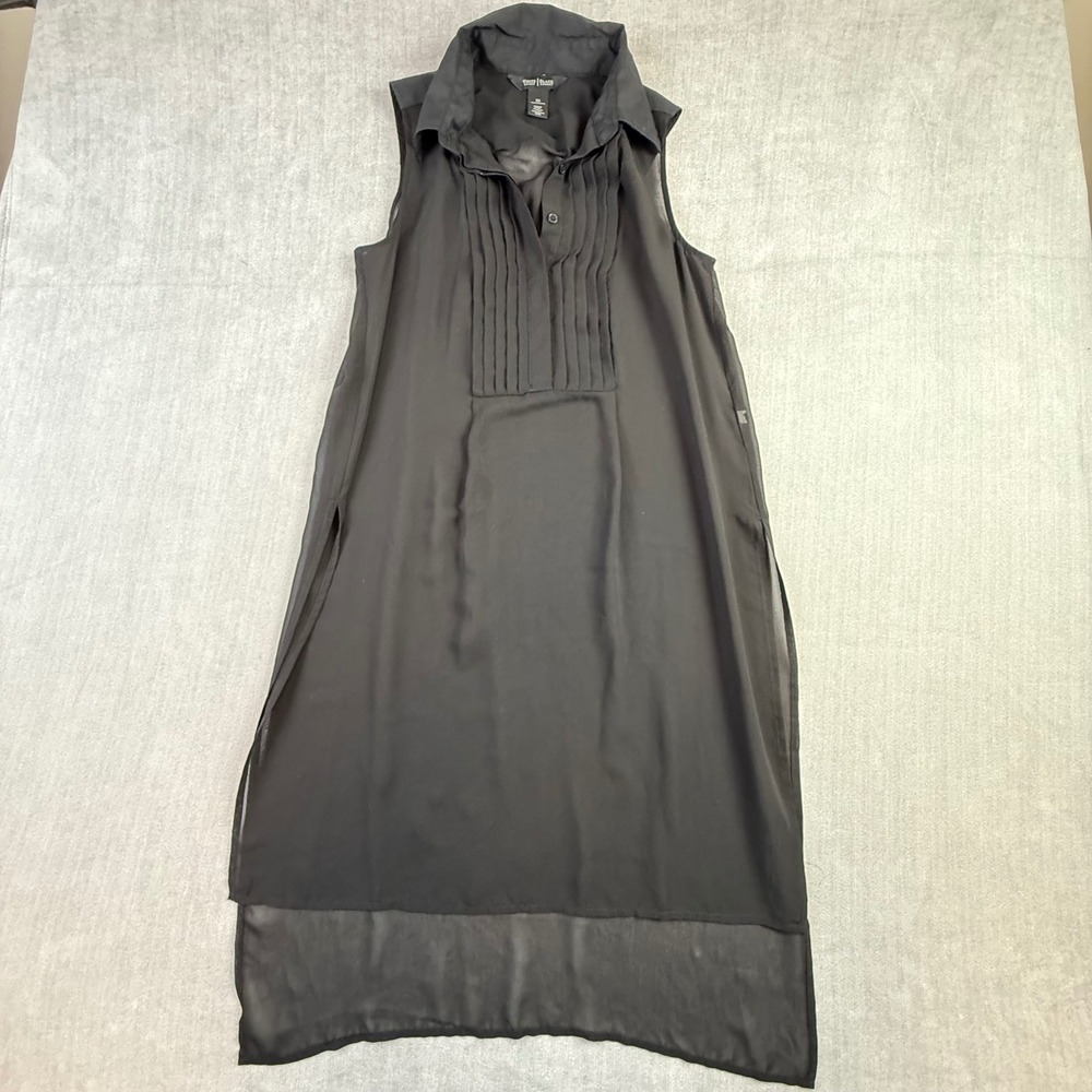 White House Black Market Black Sheer Pleated Tuxedo Tunic Sleeveless Top XS